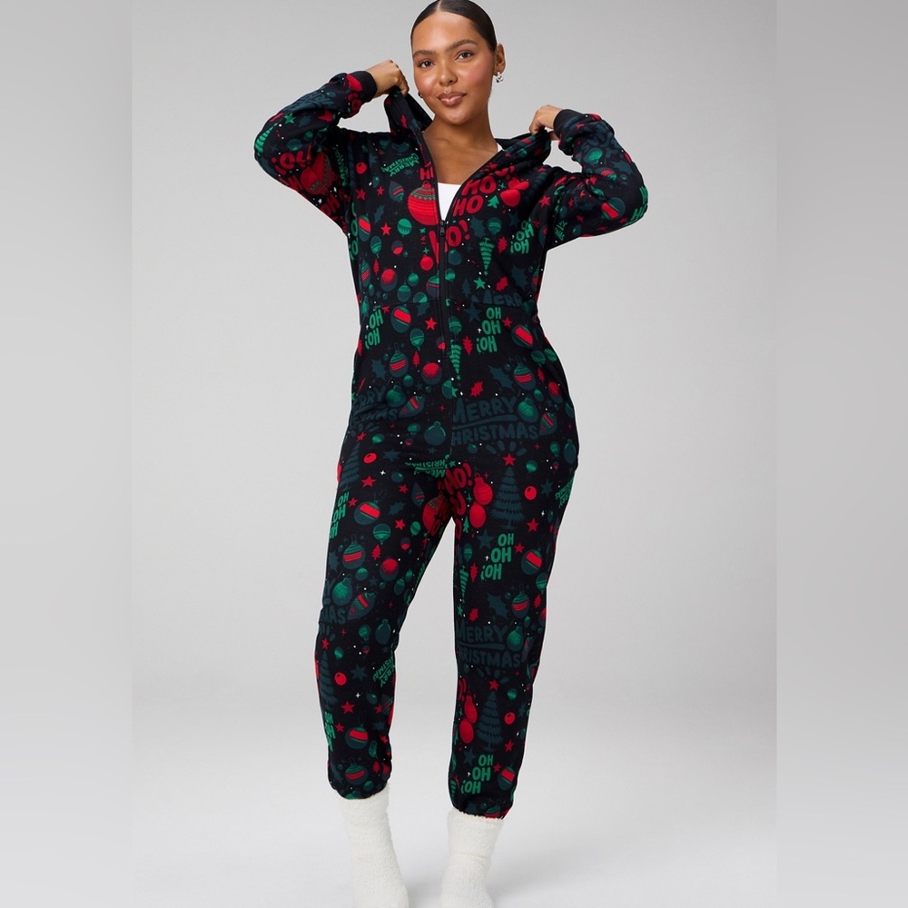 Sold Out Fabletics Holiday Ho Ho Ho Christmas Onesie Size L NWT